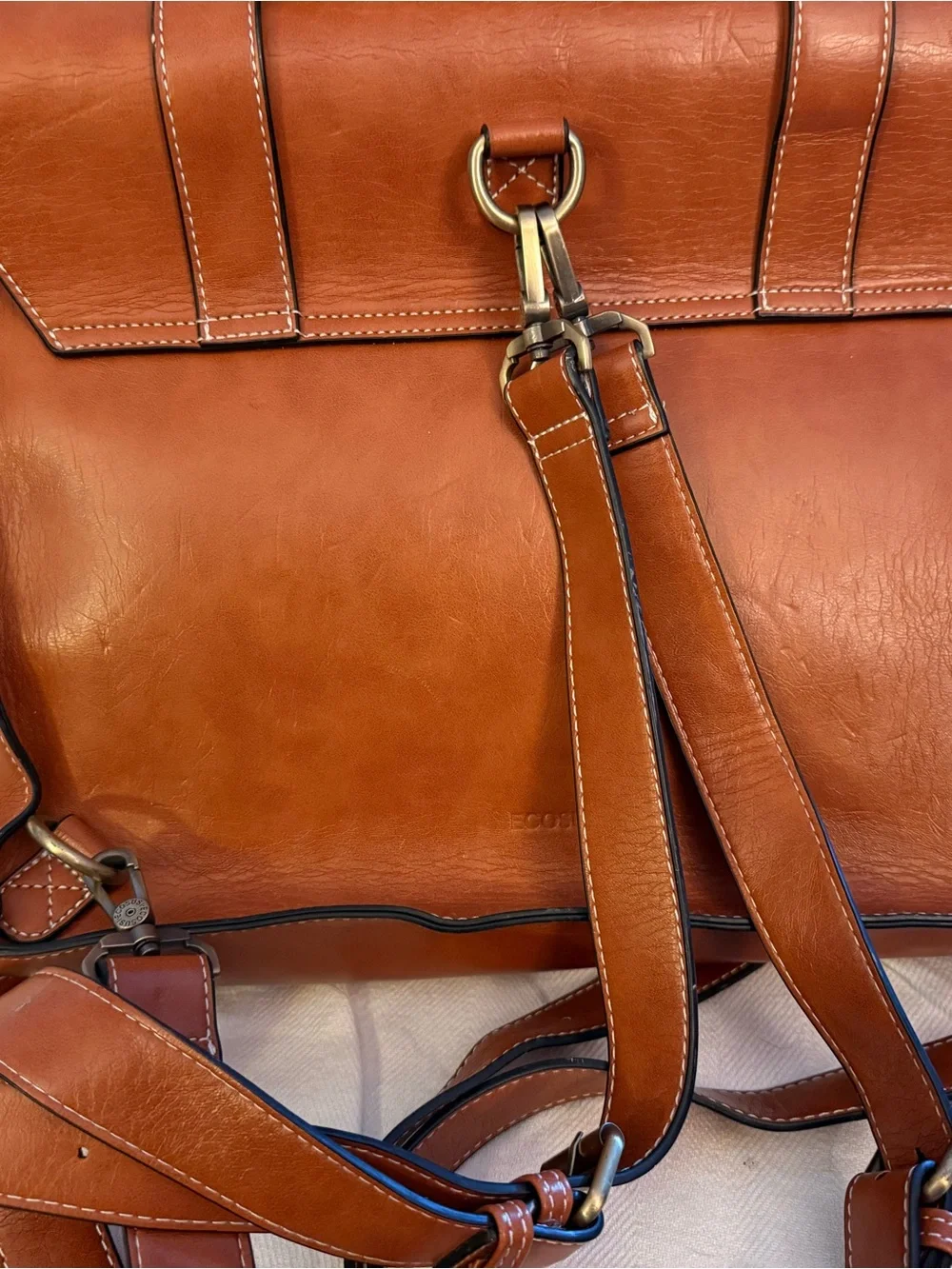 Large Men's Tan Leather Messenger Bag with Decorative Laser-Cut Front 12x15x5